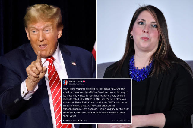 Donald Trump derides former RNC chair Ronna McDaniel over her termination by NBC.